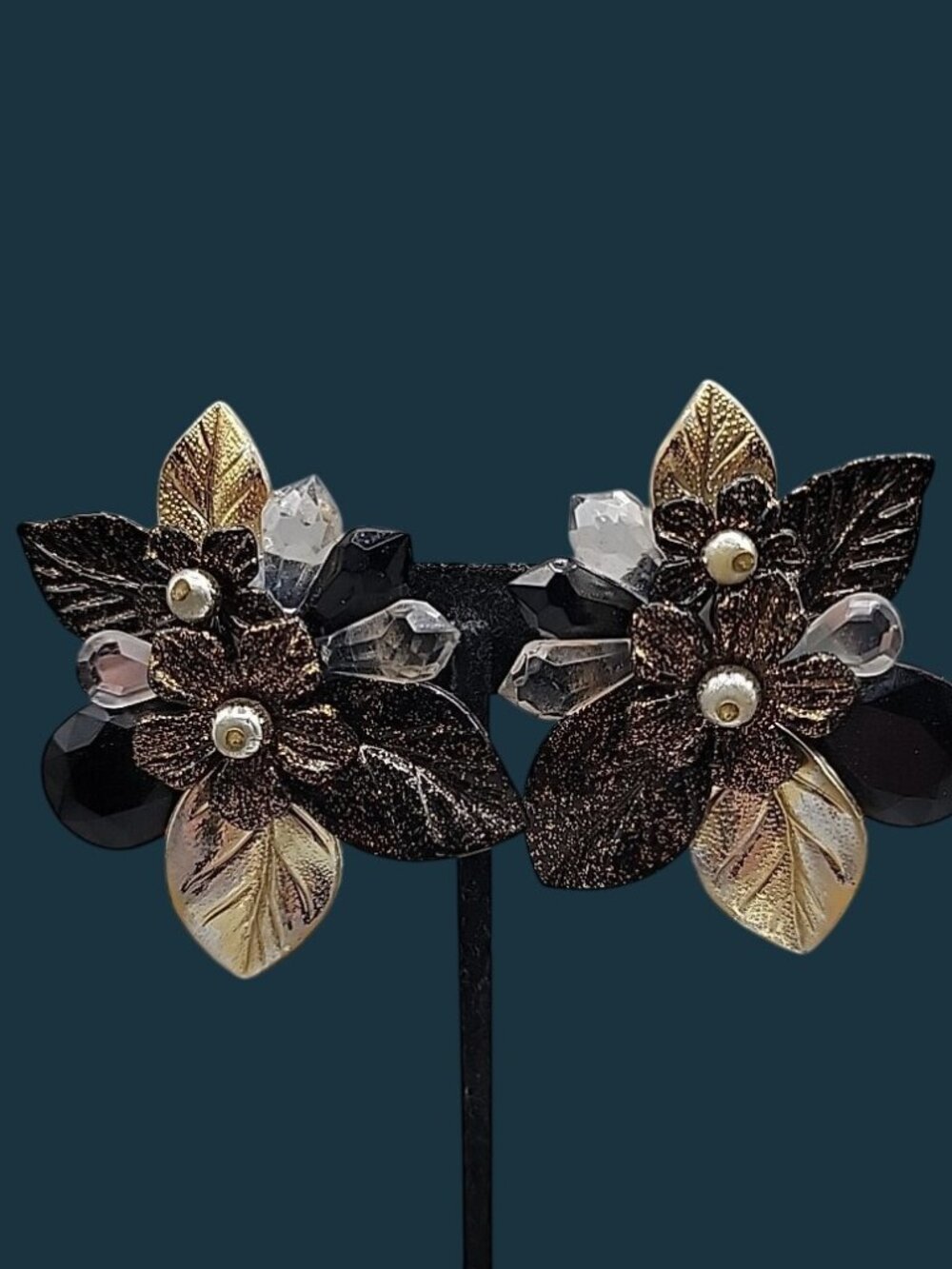 VTG 1980s Layered Leaf Flower Cluster Runway Clip On Earrings Bold Glittery